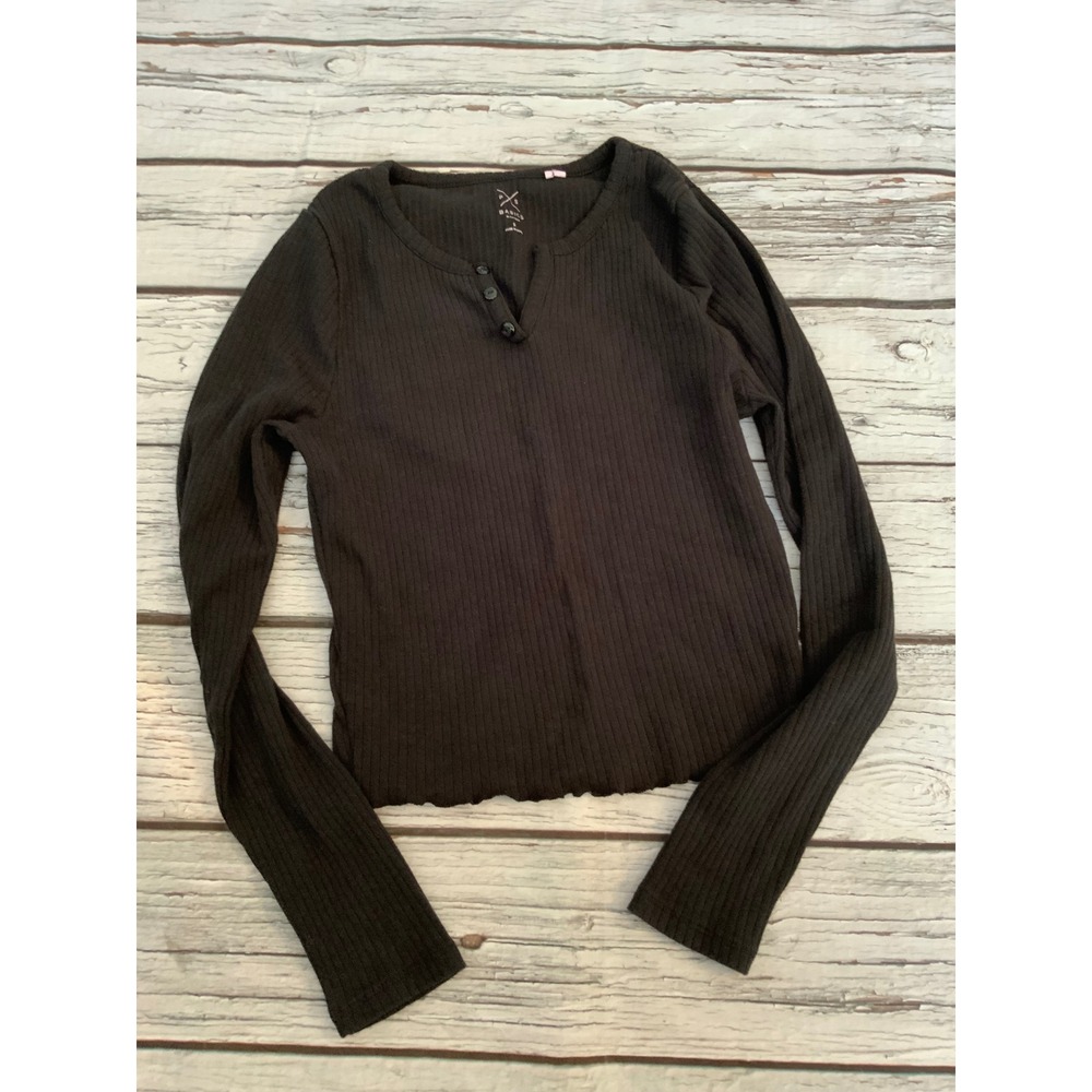PS Basics by PacSun Womens Small Black Ribbed Henley Long Sleeve Top Lettuce Hem